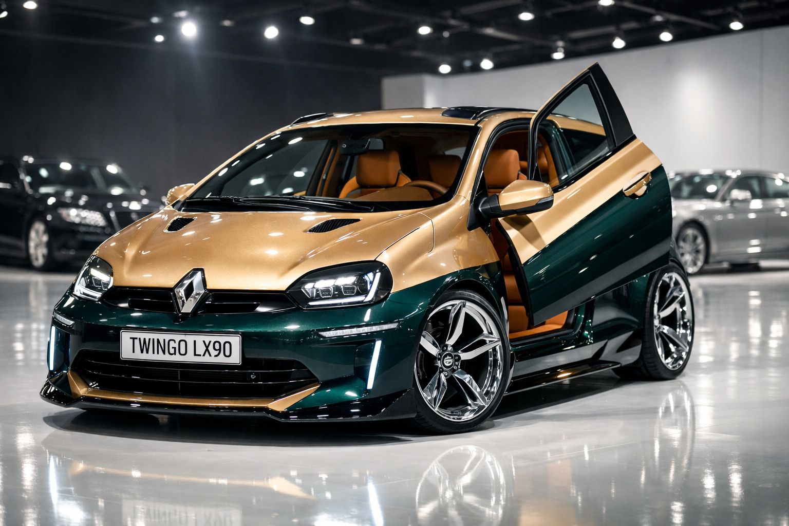 Renault Twingo LX90 verde e dourado estacionado em garagem com porta dianteira direita aberta.