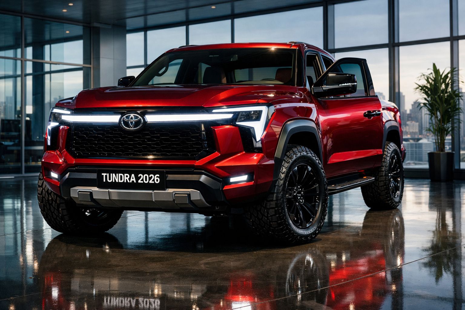 Picape Toyota Tundra 2026 vermelha exposta em ambiente interior moderno com piso refletor.