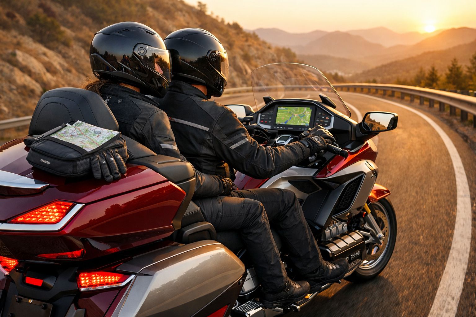 Duas pessoas de capacetes e fatos pretos num motociclo vermelho em estrada sinuosa ao pôr do sol.