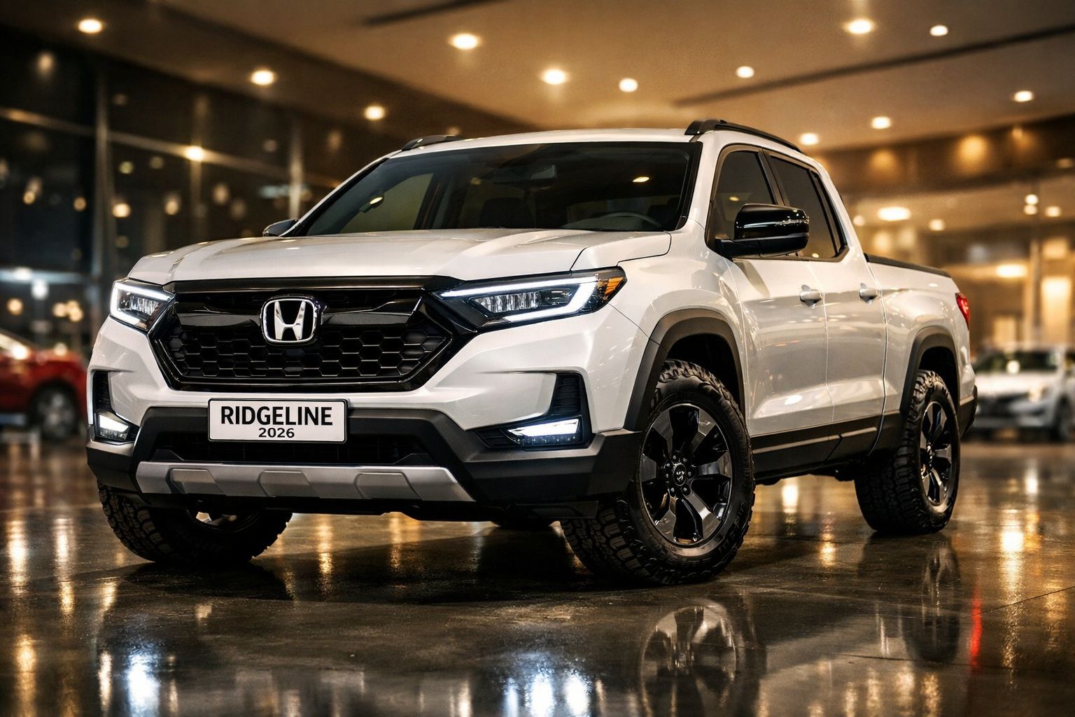 Picape Honda Ridgeline 2026 branca estacionada em espaço coberto com piso refletor.
