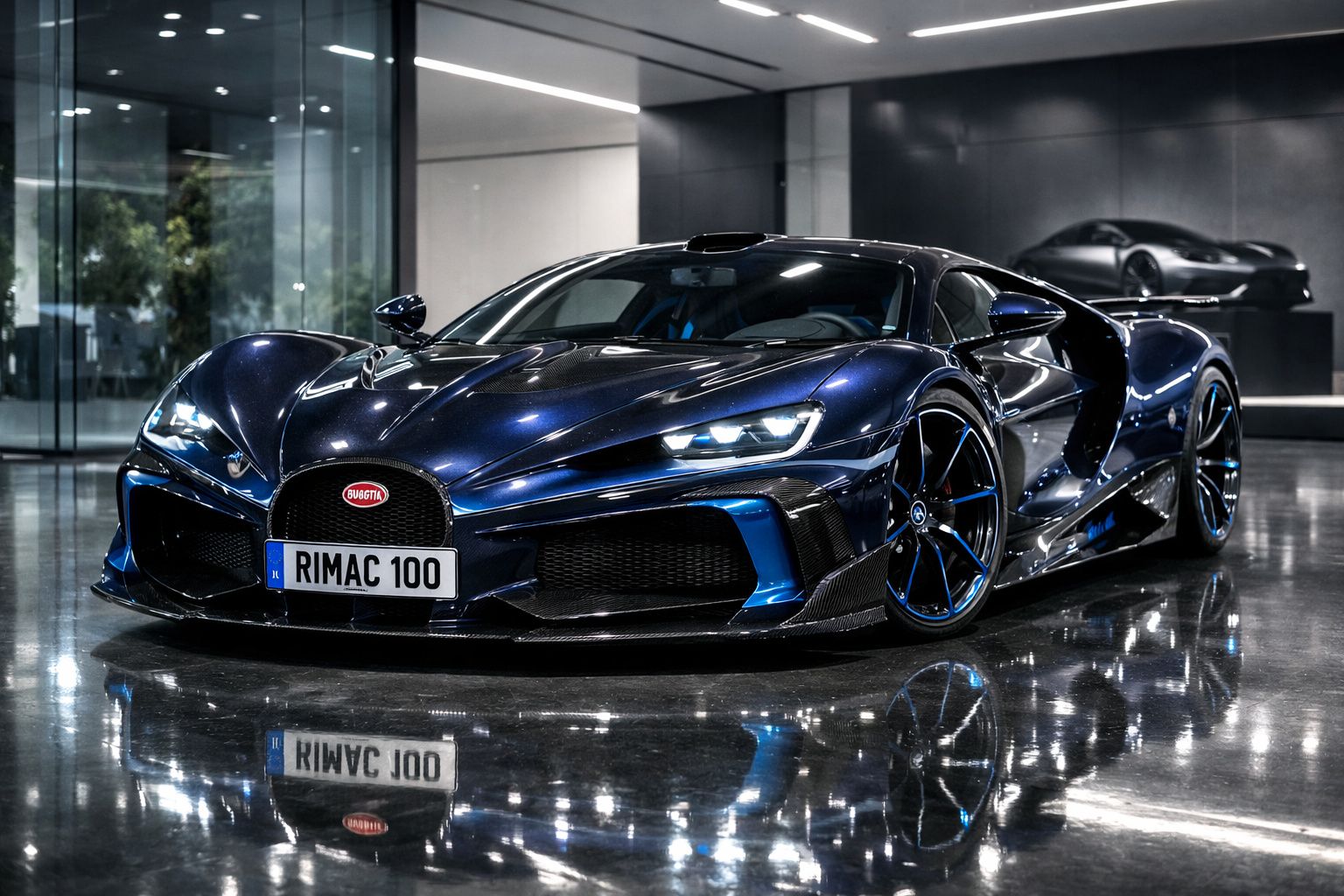 Automóvel desportivo Bugatti azul brilhante estacionado em ambiente interno moderno com iluminação refletida.