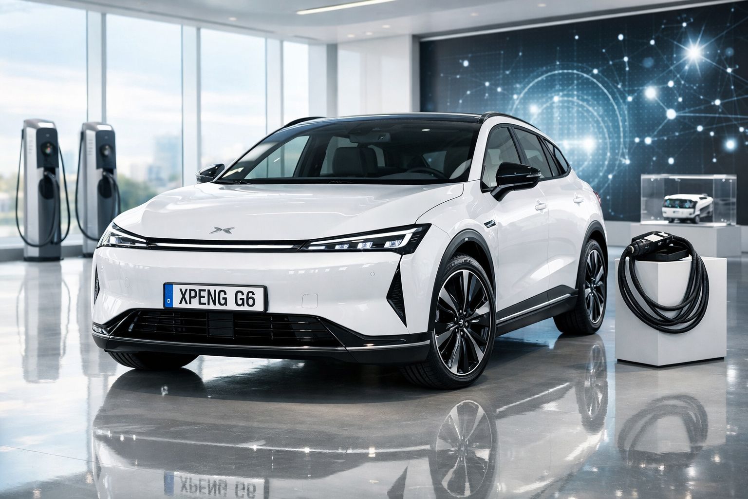 Carro elétrico branco XPeng G6 estacionado em showroom moderno com estações de carregamento ao fundo.