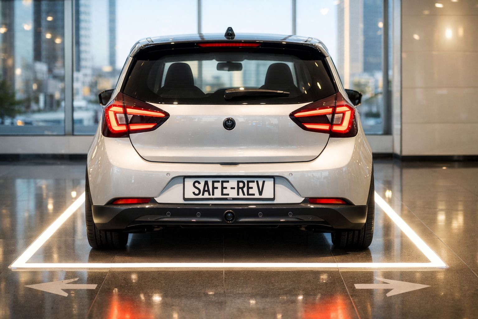 Carro elétrico branco visto de trás estacionado numa garagem moderna com luzes LED no chão.