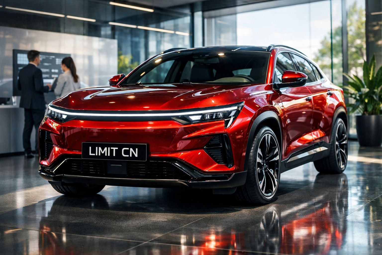 Carro elétrico vermelho brilhante com design moderno exposto em showroom com pessoas ao fundo.
