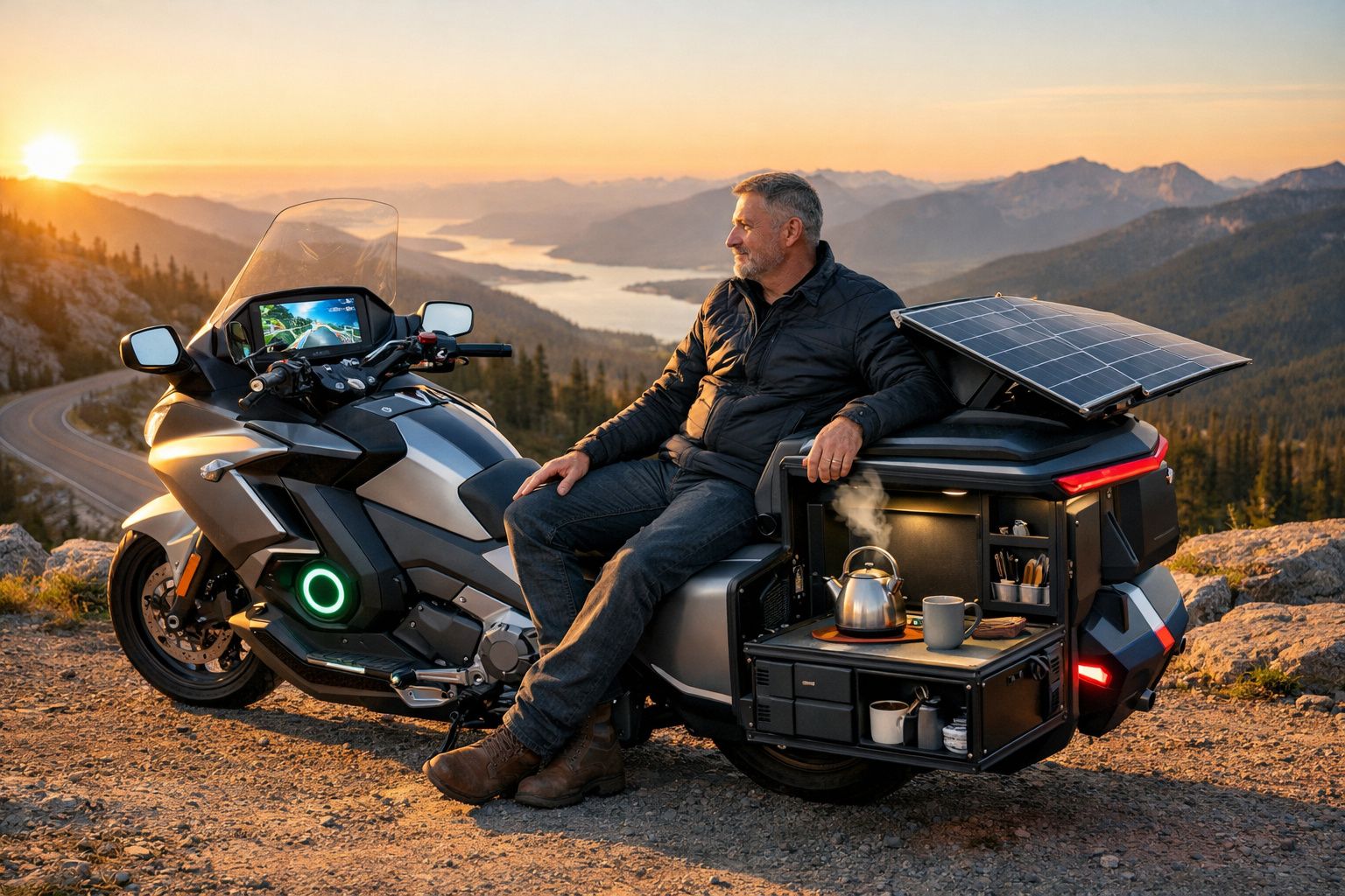 Homem sentado numa moto elétrica com painel solar, em paisagem montanhosa ao pôr do sol, preparando chá.