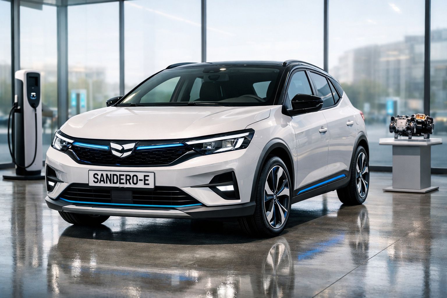 Carro elétrico Sandero-e branco estacionado em interior moderno com posto de carregamento ao fundo.