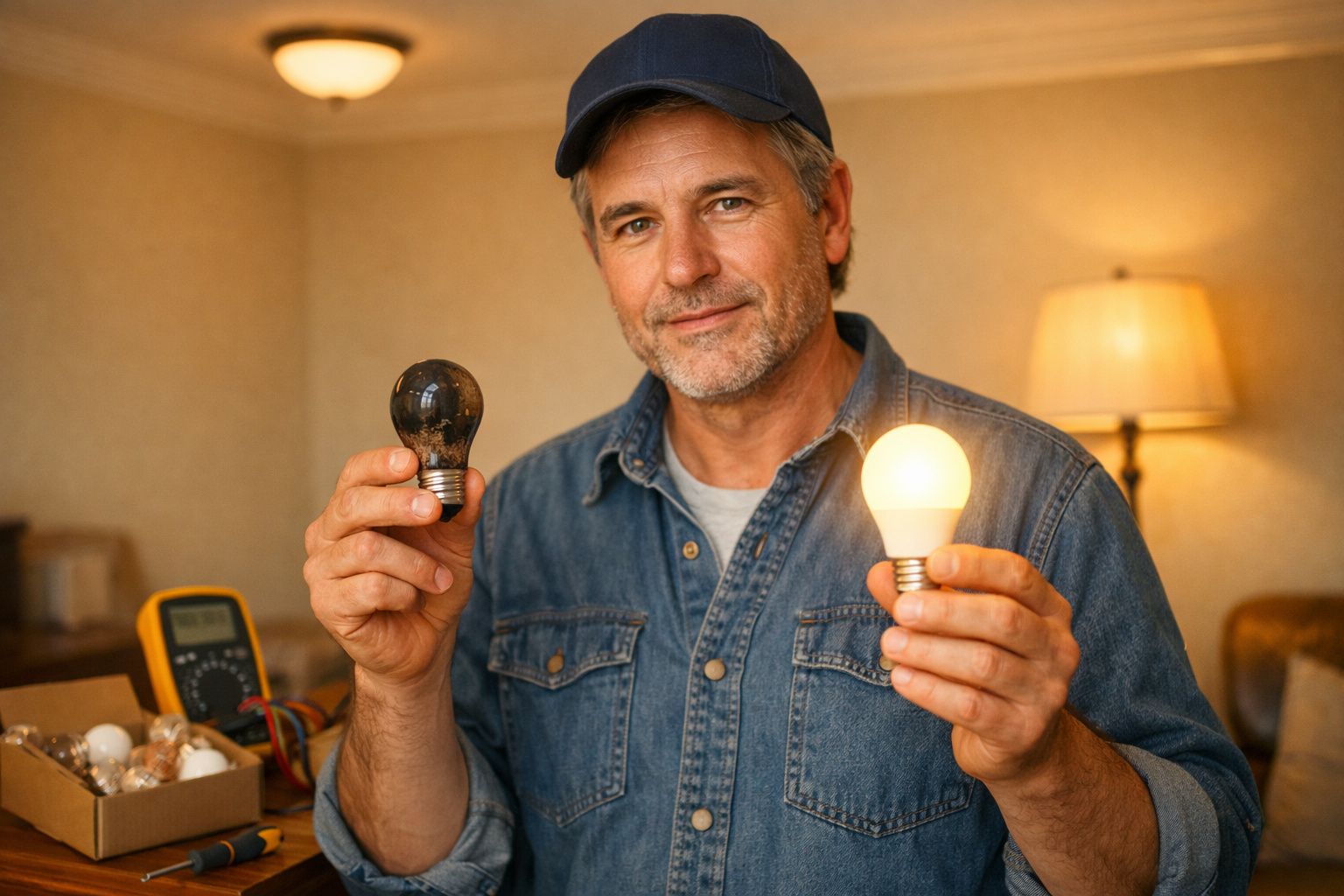 Homem com boné e camisa jeans segura duas lâmpadas, uma queimada e outra acesa, num ambiente interior.