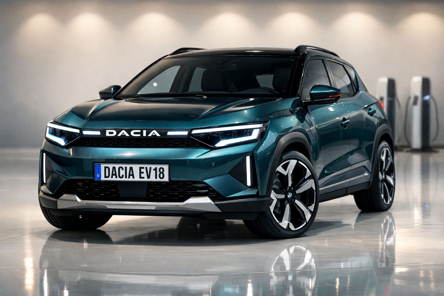 Veículo elétrico Dacia EV18 verde escuro estacionado em ambiente interior moderno.