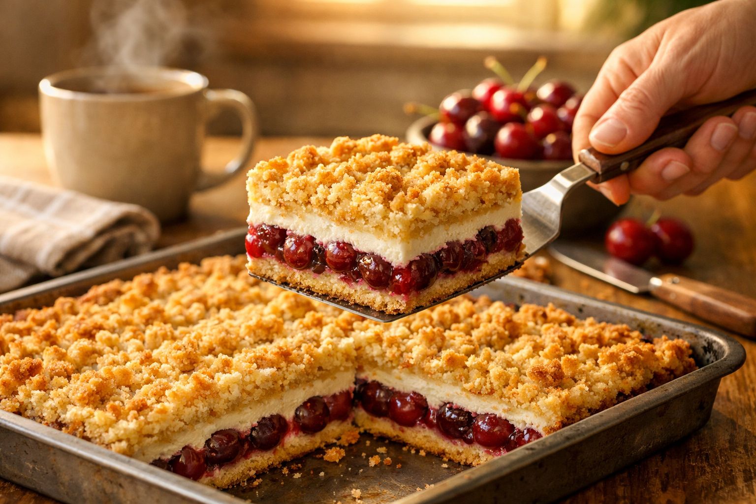 Fatia de crumble de cereja com camada de queijo cremoso servida numa forma metálica.