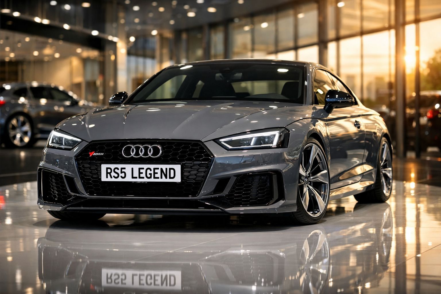 Audi RS5 cinzento escuro estacionado num chão brilhante dentro de uma concessionária.