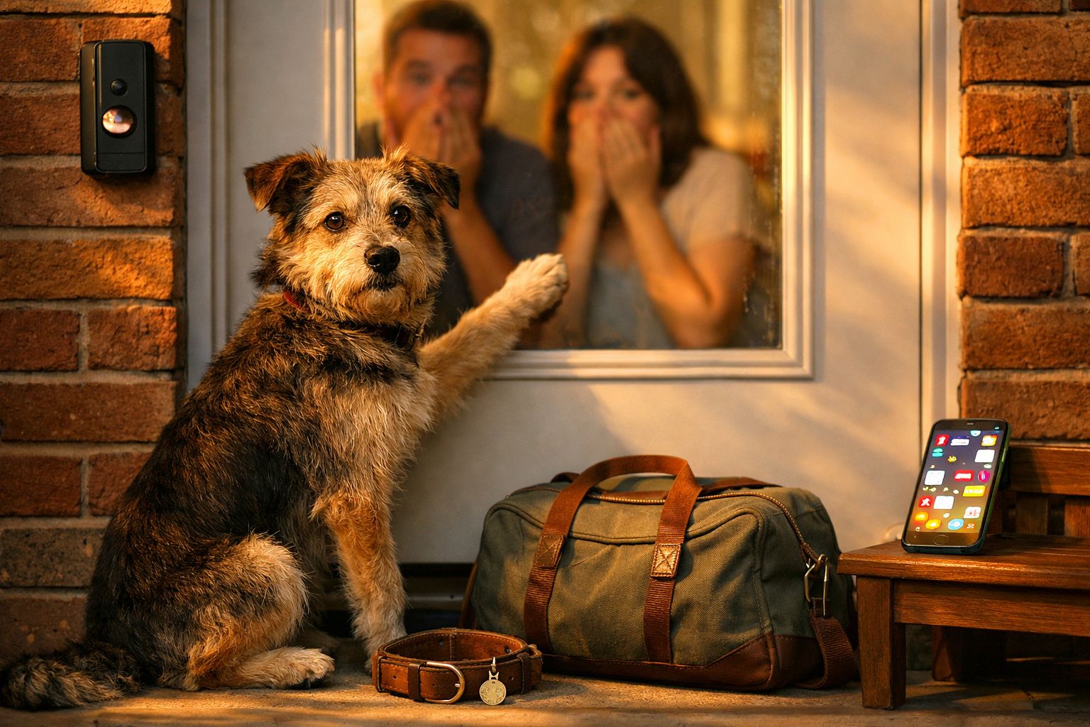 Cão com a pata na porta enquanto casal observa do lado de dentro, parecendo emocionados ou tristes.