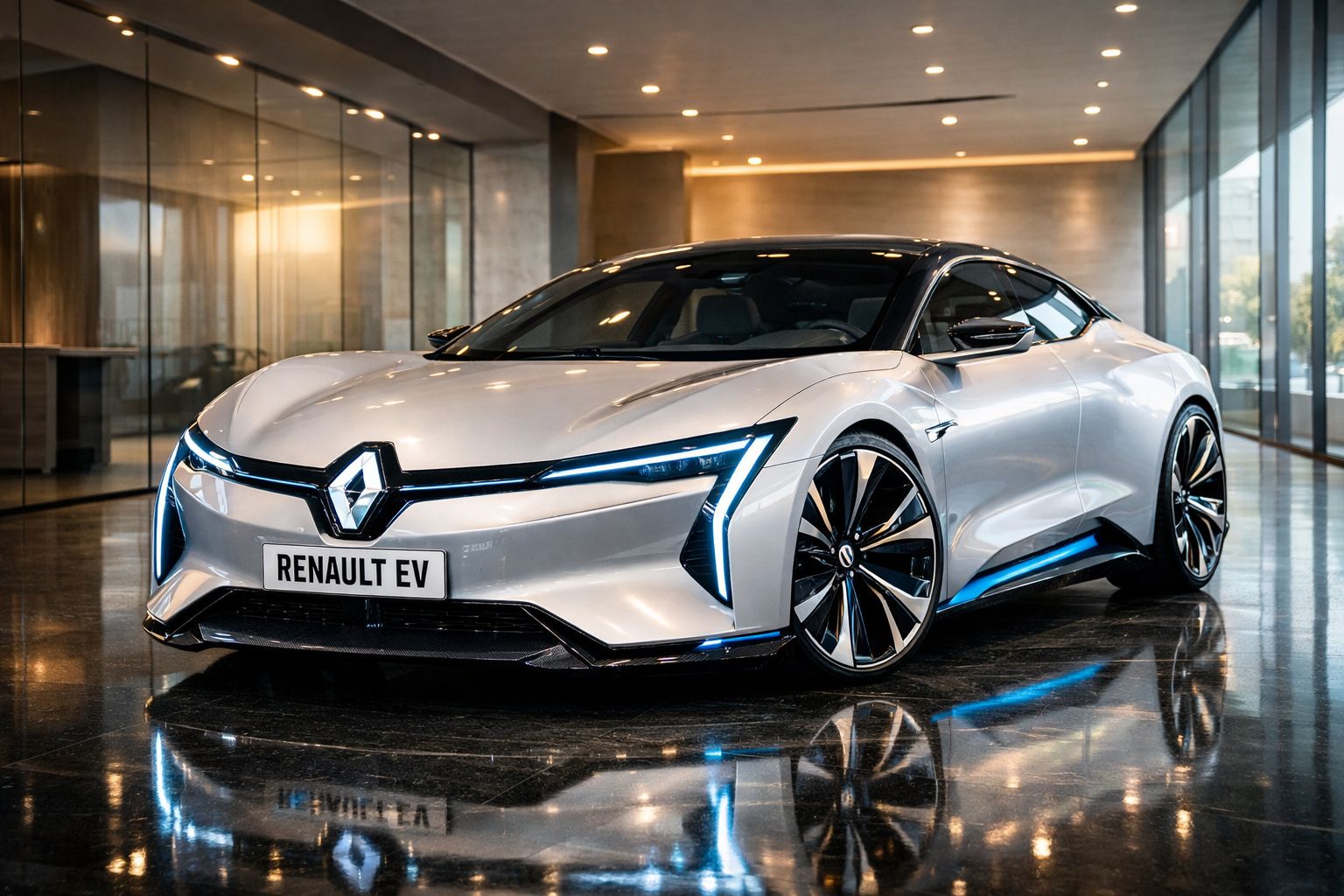 Carro elétrico Renault EV branco com design futurista e faróis LED azuis, estacionado em ambiente interno moderno.