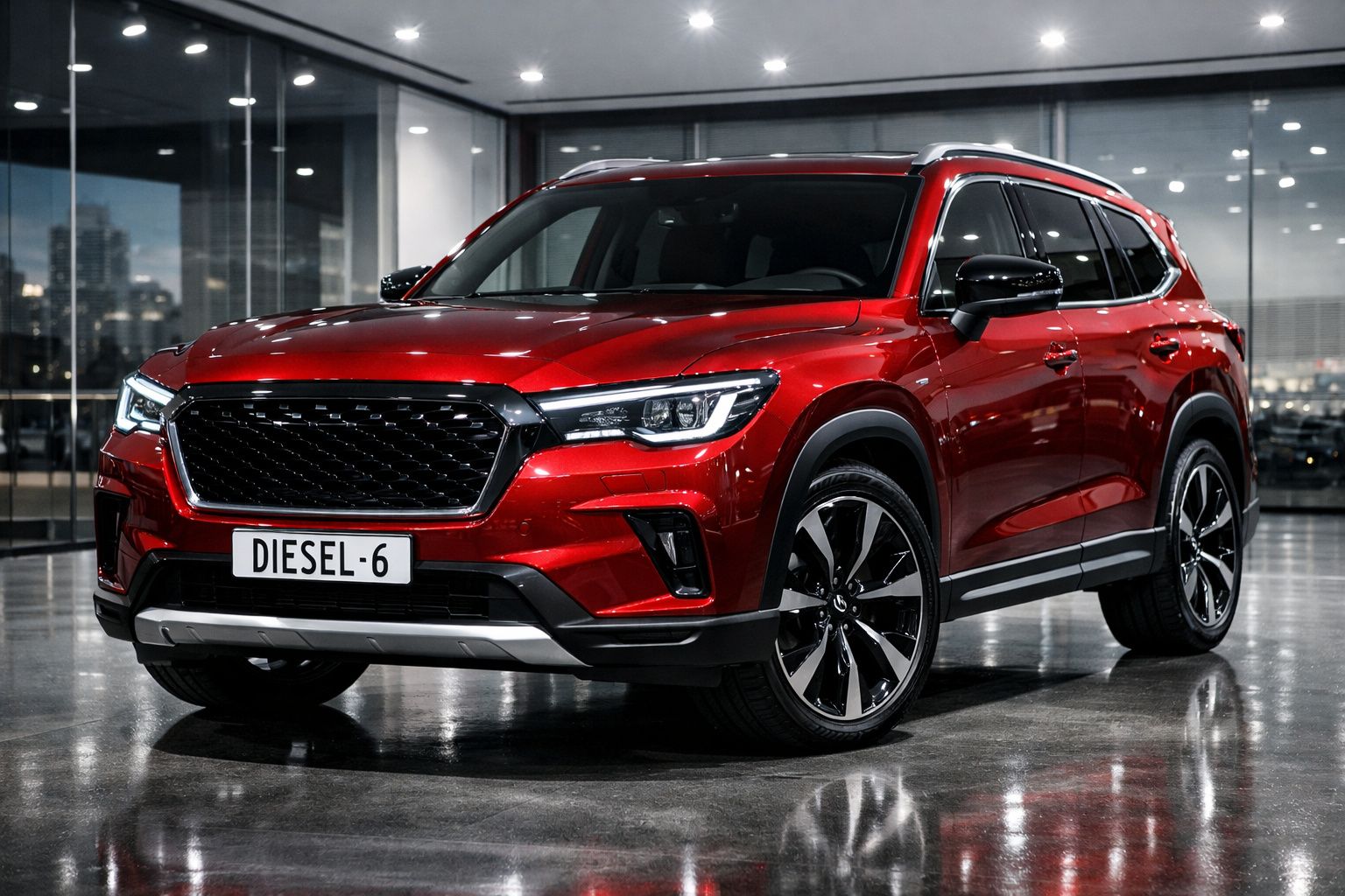 SUV vermelho brilhante estacionado em piso interior refletivo, com frente e rodas visíveis.