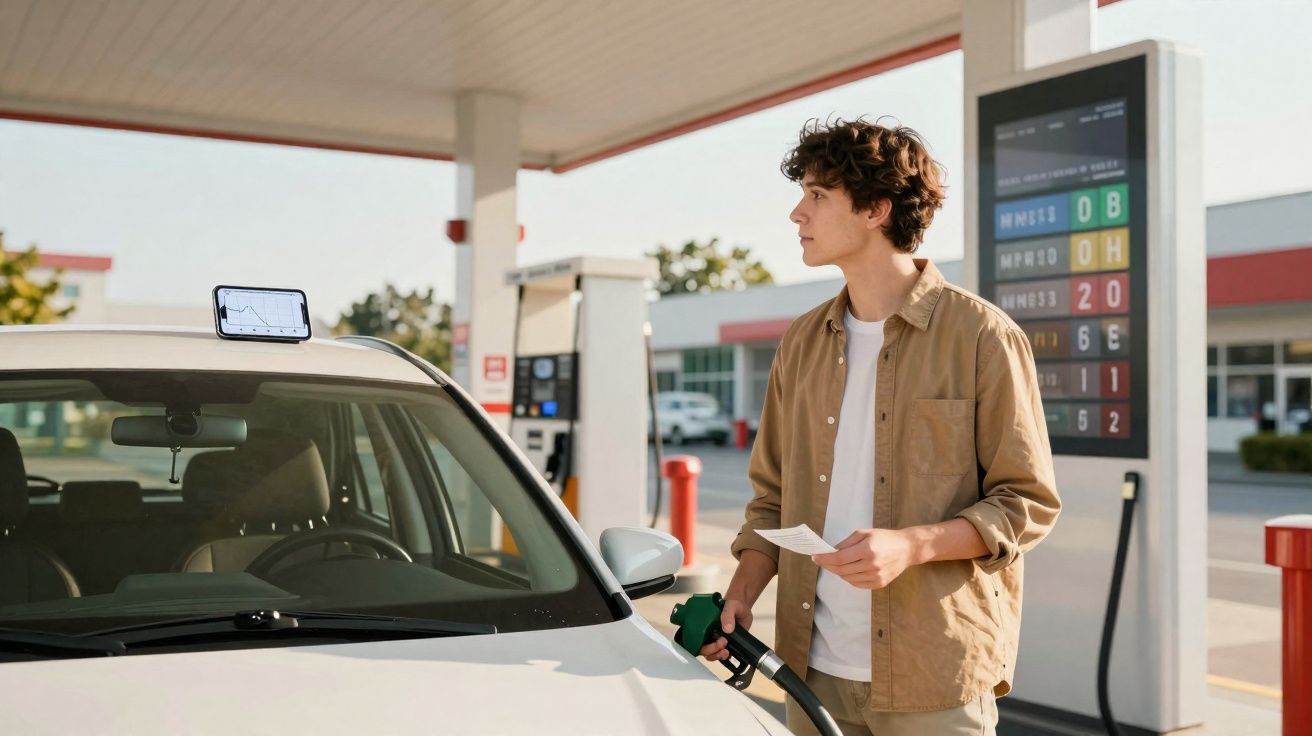 Jovem a abastecer carro numa bomba de gasolina, segurando um papel enquanto olha para o lado.