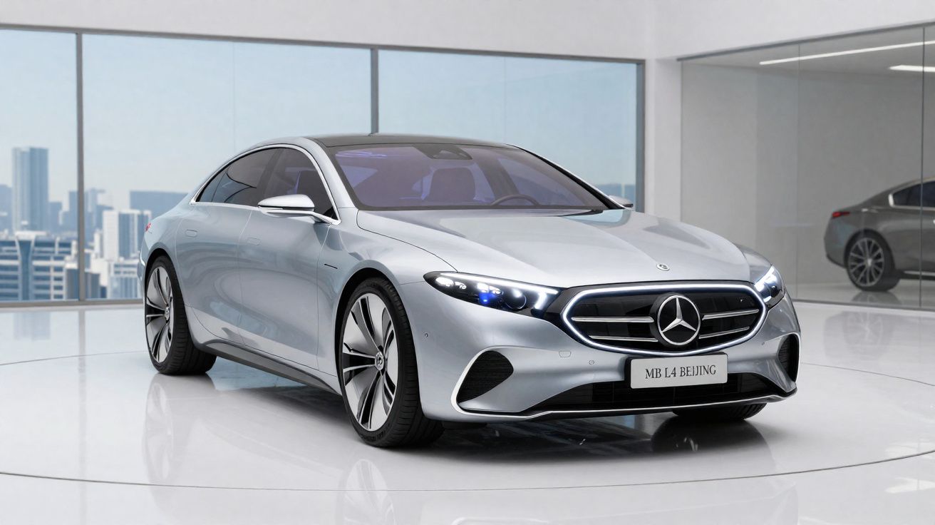 Carro elétrico Mercedes-Benz MB L4 BEIJING prateado exibido em showroom moderno com janelas amplas e vista da cidade.