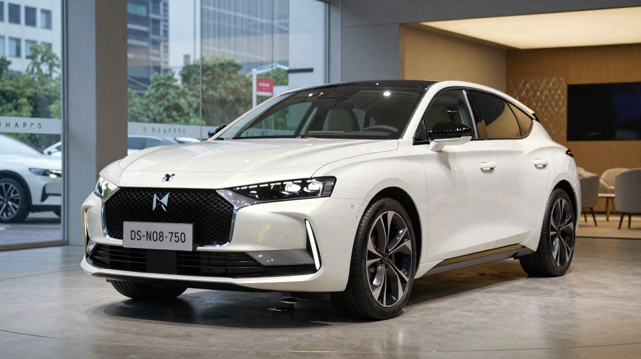 Automóvel moderno branco DS 4 em exposição numa sala com ambiente contemporâneo e vidros grandes.