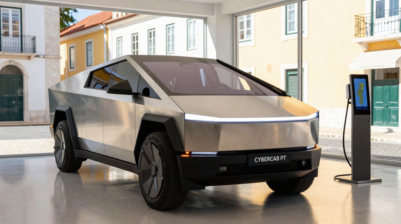 Automóvel elétrico futurista CyberCab PT estacionado numa garagem com máquina de carregamento elétrico.