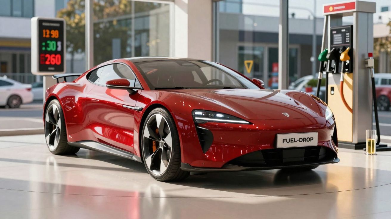 Carro desportivo elétrico vermelho estacionado numa bomba de combustível moderna com painel digital.