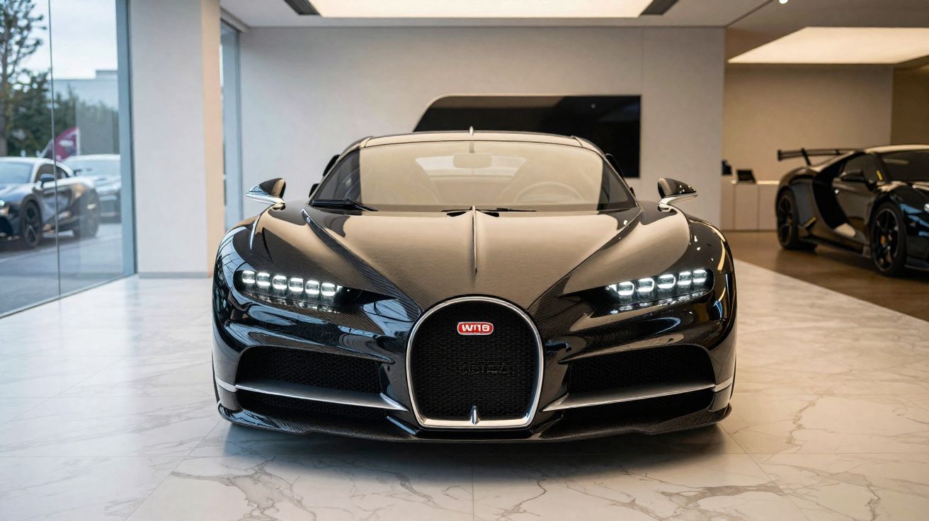 Carro desportivo preto de luxo visto de frente num espaço interior com chão de mármore.