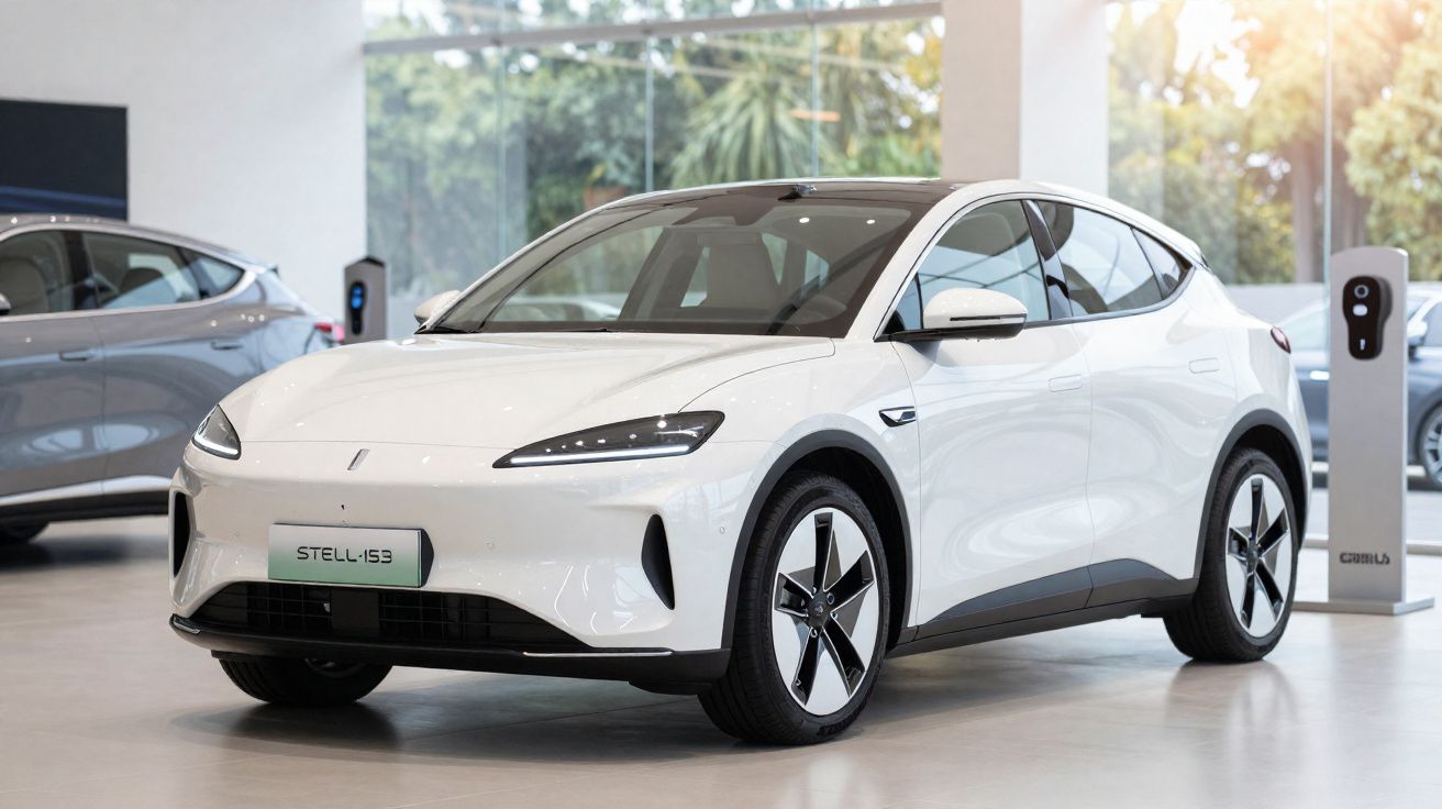 Carro elétrico branco moderno estacionado dentro de uma loja com carregador ao lado.