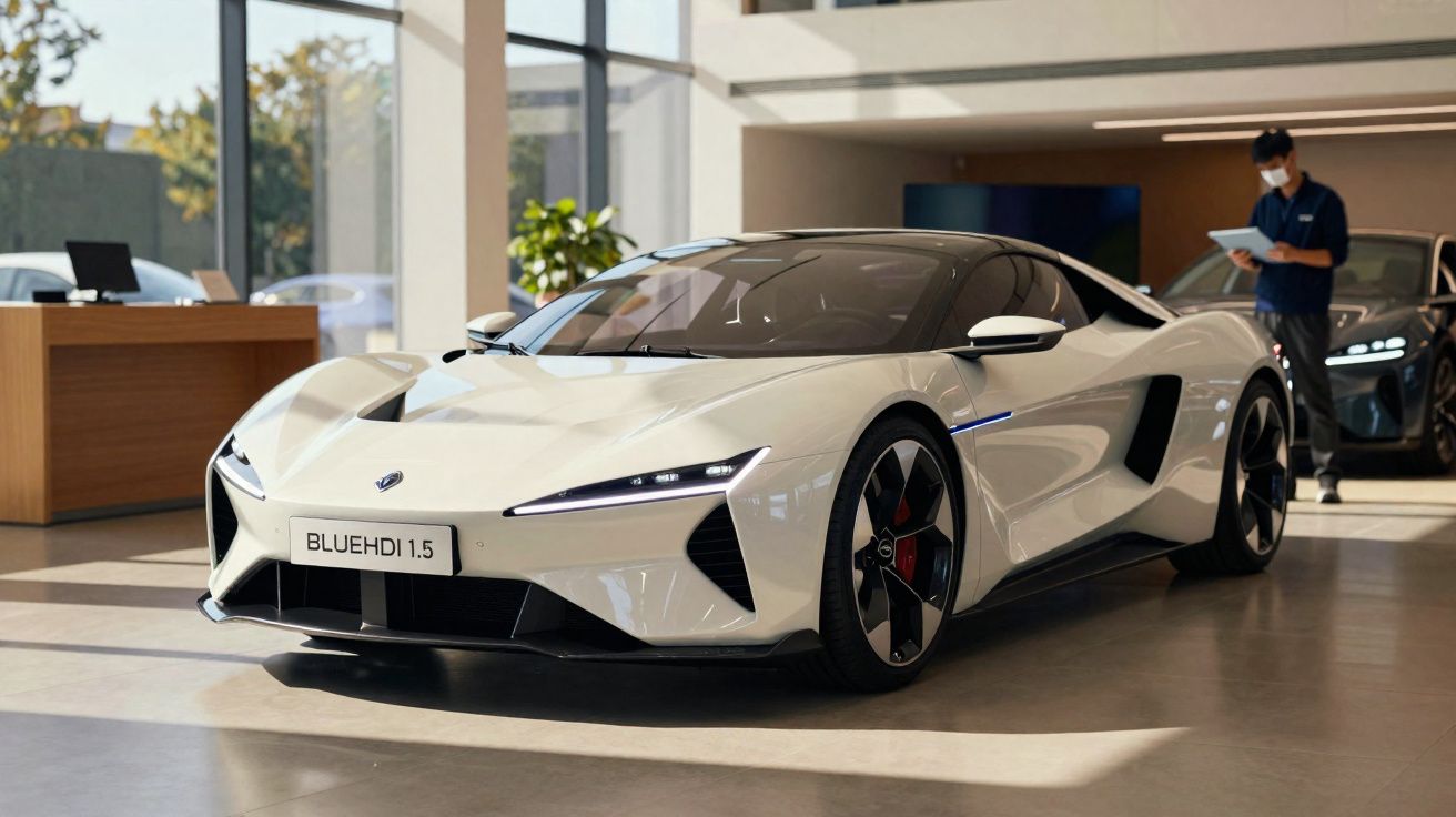 Carro desportivo branco estacionado em showroom moderno com homem a analisar documentos ao fundo.