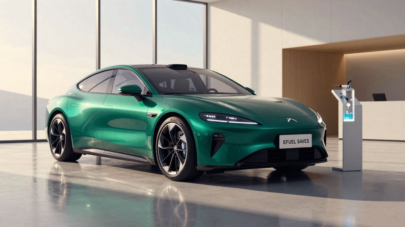 Carro elétrico desportivo verde estacionado numa sala moderna com estação de carregamento ao lado.