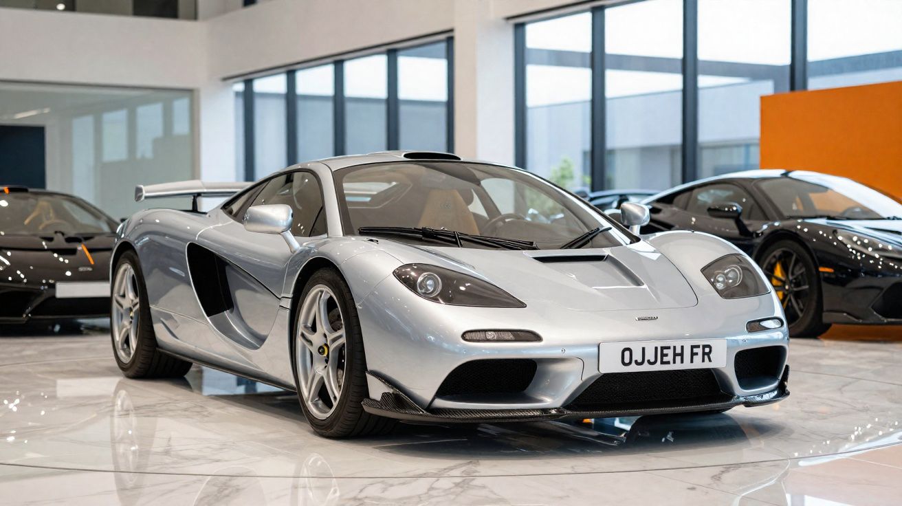 Carro desportivo prateado estacionado em showroom com carros de luxo ao fundo.