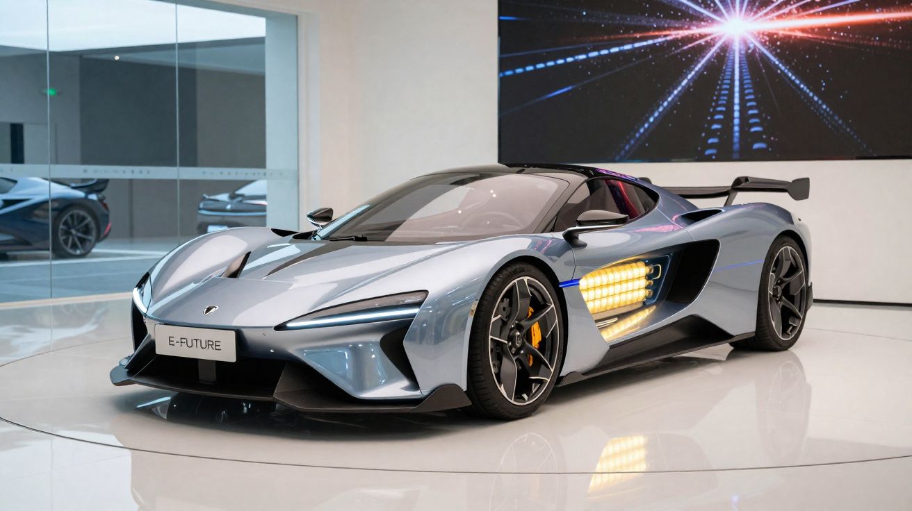 Carro desportivo futurista cinza prateado exposto em ambiente interior moderno e luminoso.