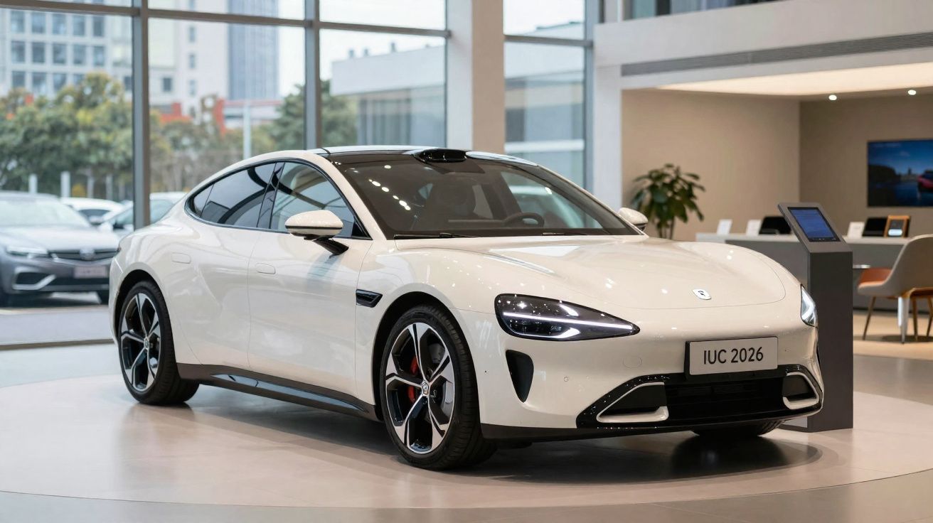 Carro elétrico branco moderno exposto num showroom com janelas amplas e ambiente iluminado.