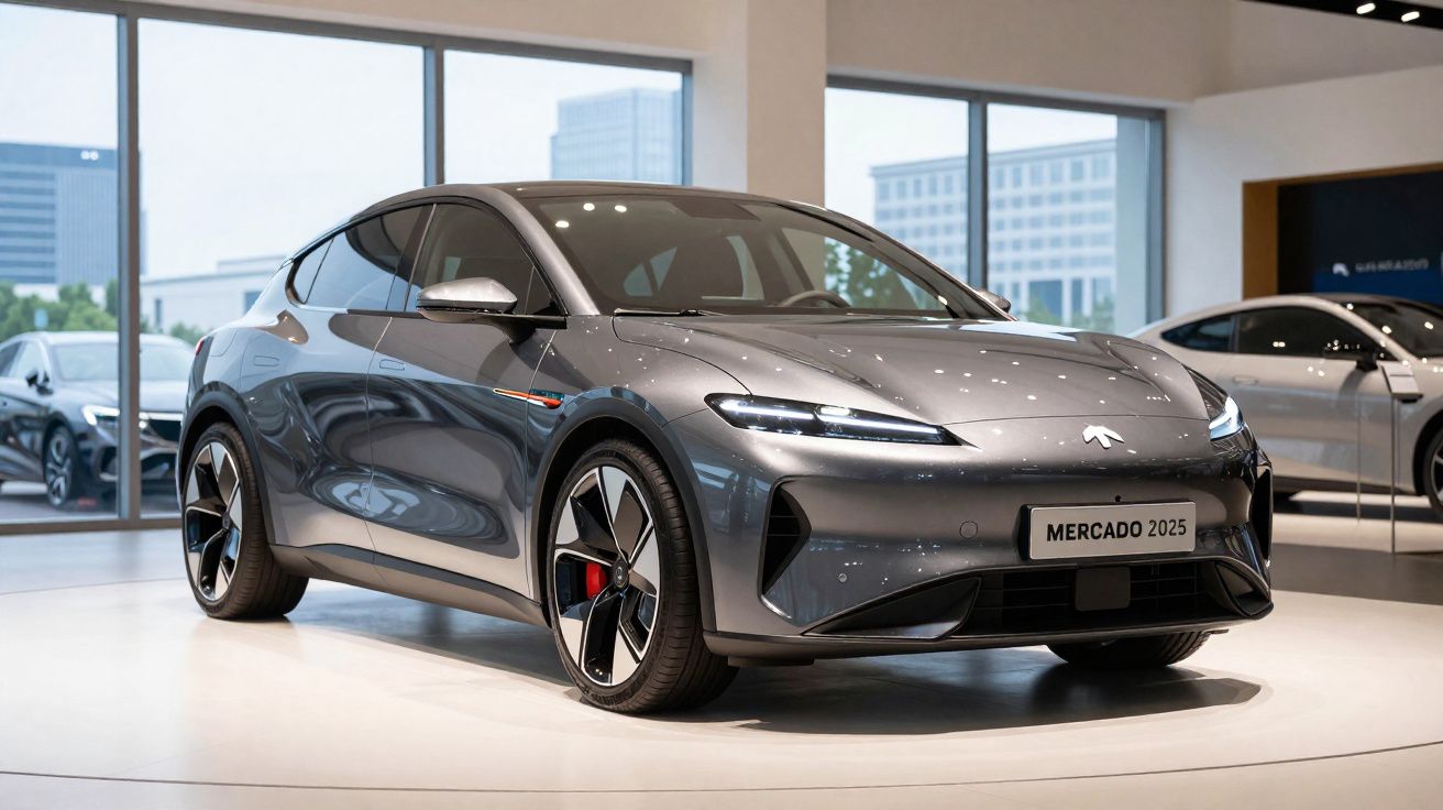 Carro elétrico cinzento com design futurista exposto em showroom moderno com janelas panorâmicas.