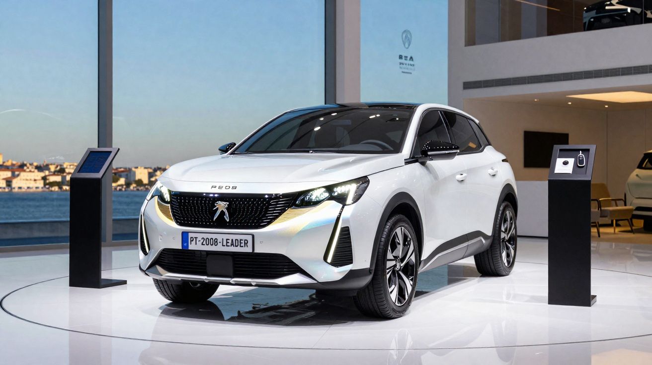 Peugeot 2008 branco elétrico apresentado num stand moderno com vista para o rio.