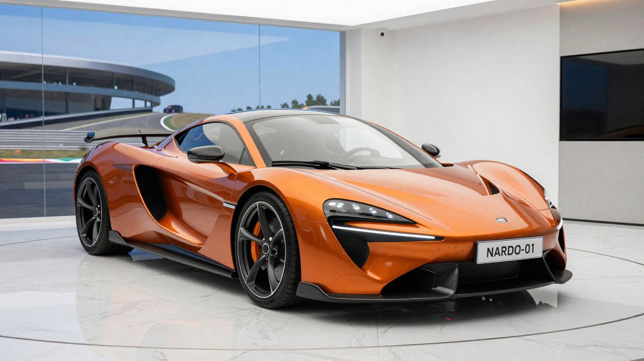 Carro desportivo McLaren laranja brilhante numa sala moderna com chão branco e grande vidro panorâmico.