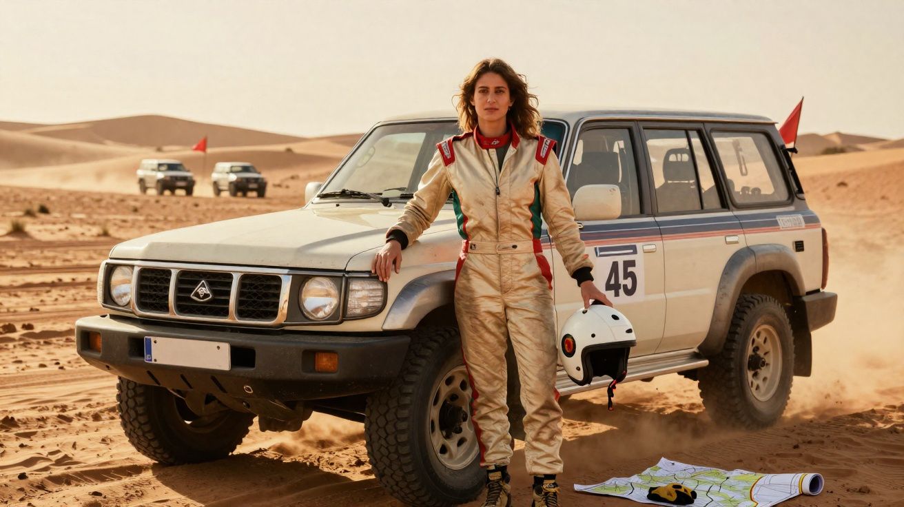 Mulher com fato de corrida junto a carro todo-o-terreno no deserto, com mapa e bússola no chão.
