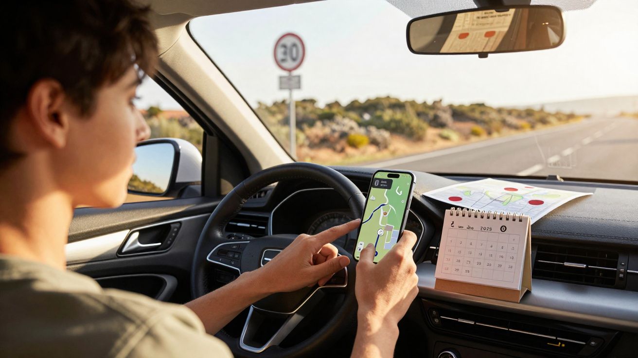 Pessoa a usar smartphone com mapa digital enquanto conduz numa estrada com limite de 30 km/h.
