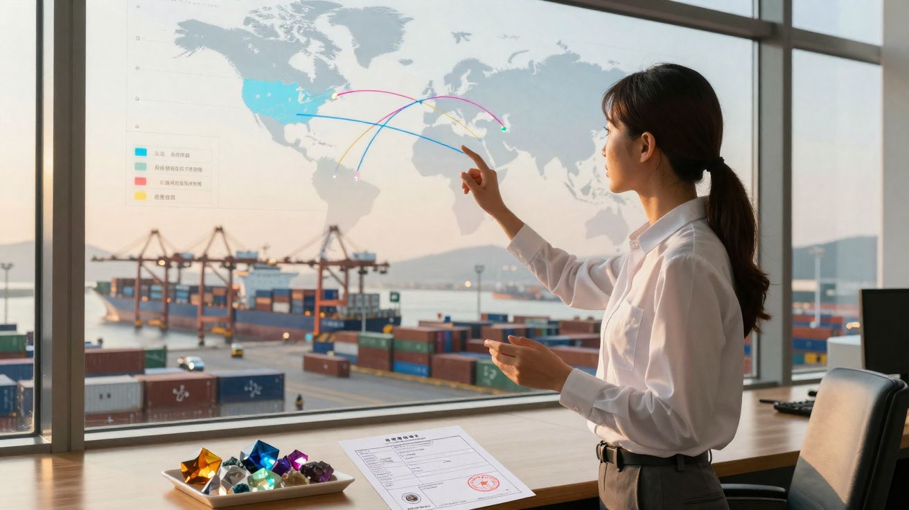 Mulher aponta para mapa mundial translúcido com rotas de comércio, enquanto observa porto com contentores e gruas.