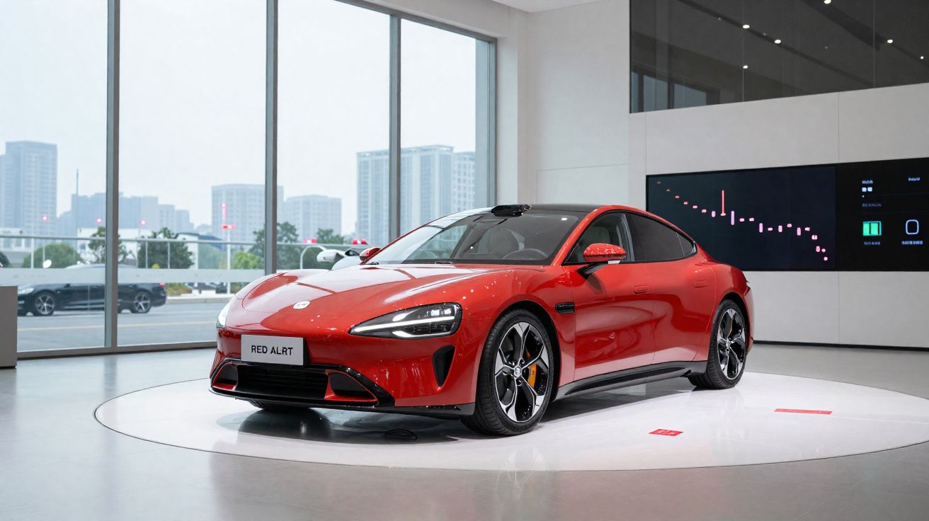 Carro desportivo vermelho eléctrico em exposição num salão moderno com grandes janelas e painéis digitais.