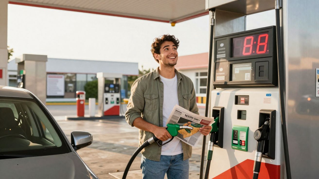 Homem satisfeito a abastecer carro com bomba de combustível numa estação de serviço.