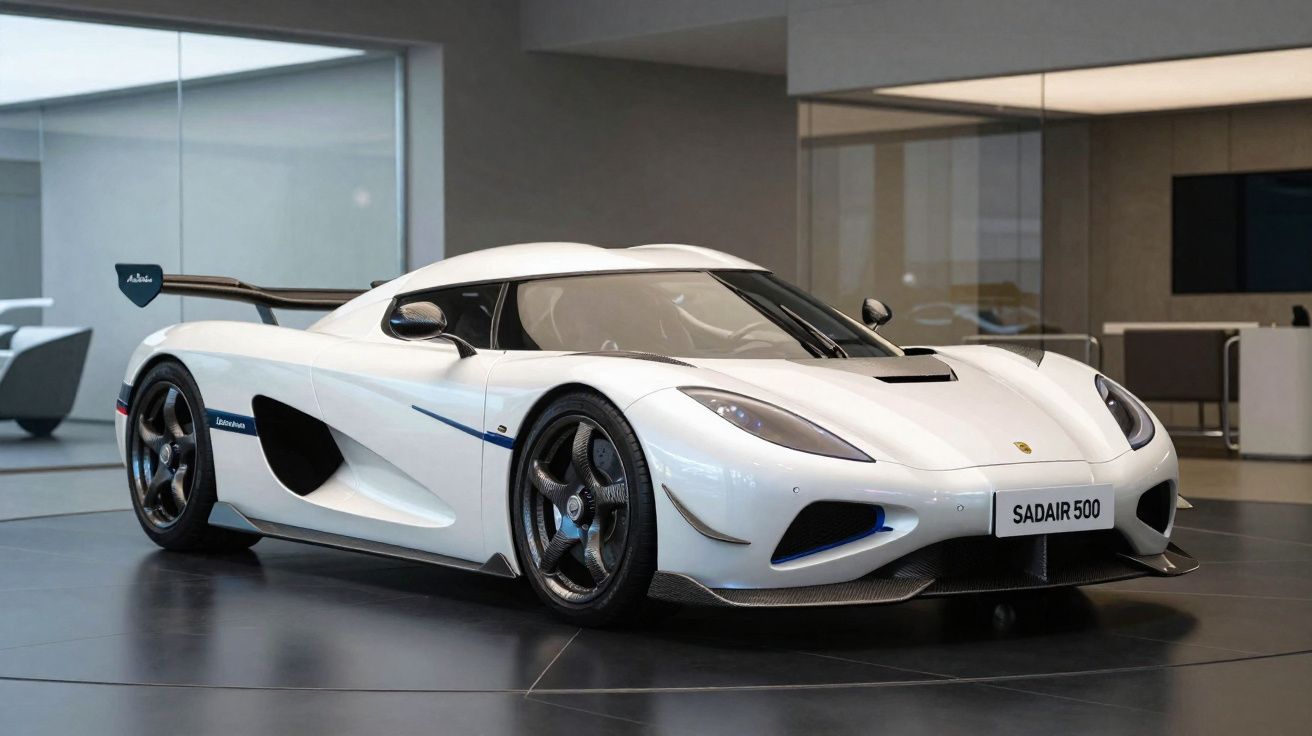 Carro desportivo branco de alta performance exposto numa sala moderna e iluminada.