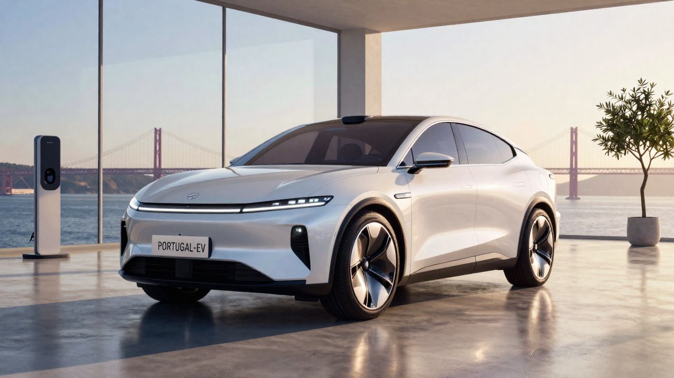 Carro elétrico branco estacionado em casa moderna com janelas panorâmicas e vista para a ponte suspensa.