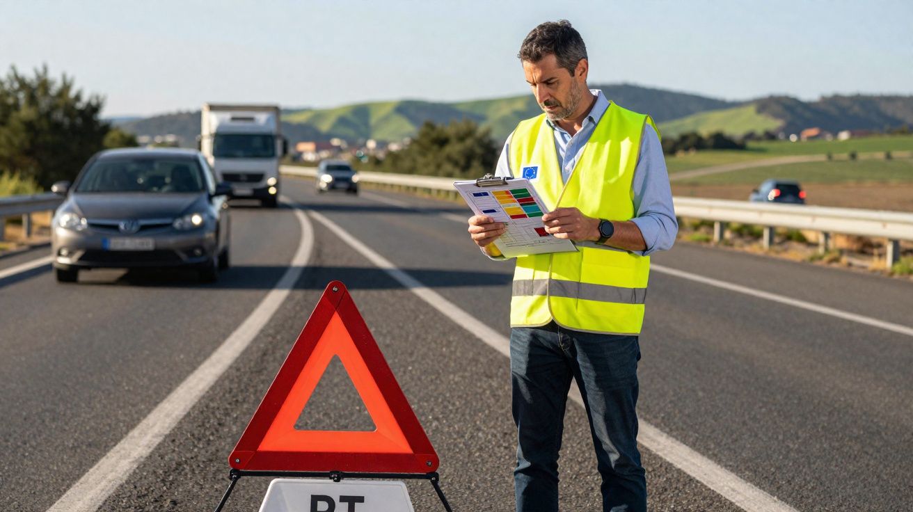 Homem de colete refletor a preencher formulário em estrada com triângulo de perigo sinalizado.