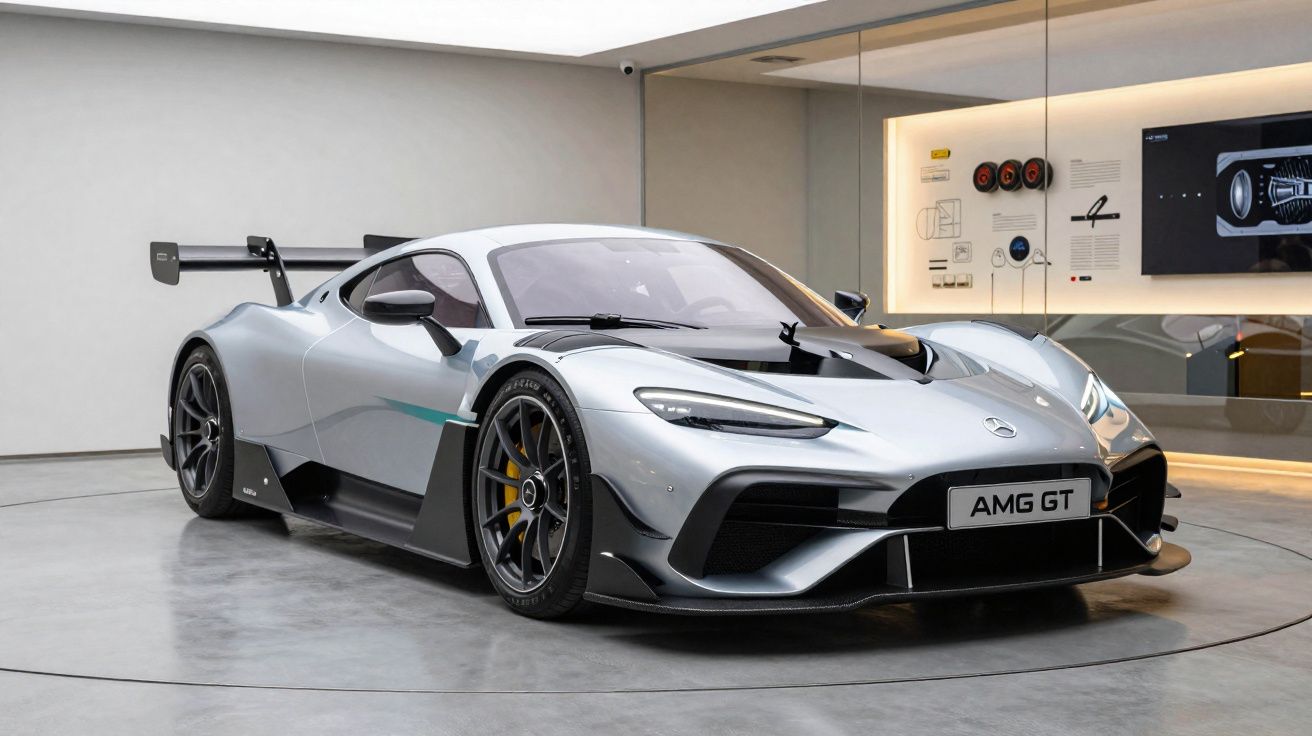 Carro desportivo cinzento Mercedes AMG GT estacionado em sala moderna com piso cinzento.