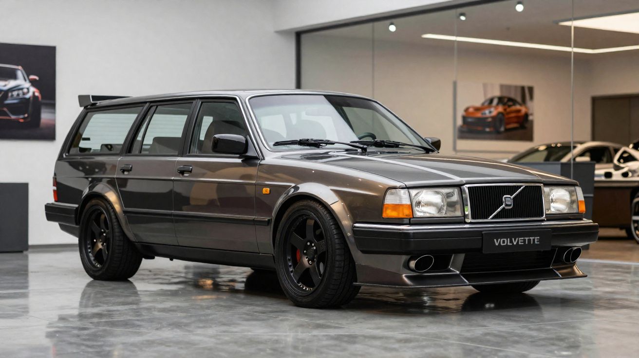 Volvo Station wagon cinzento escuro com rodas pretas exposto numa sala de automóveis moderna.