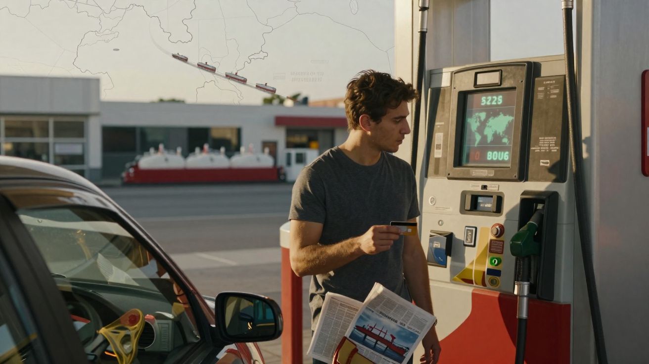 Homem a abastecer carro numa bomba de combustível, segurando cartão e jornal com imagem de navio.