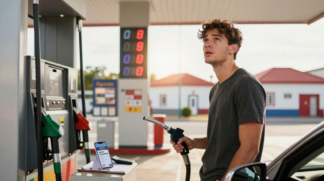 Homem jovem a abastecer carro numa bomba de combustível numa estação de serviço ao ar livre.