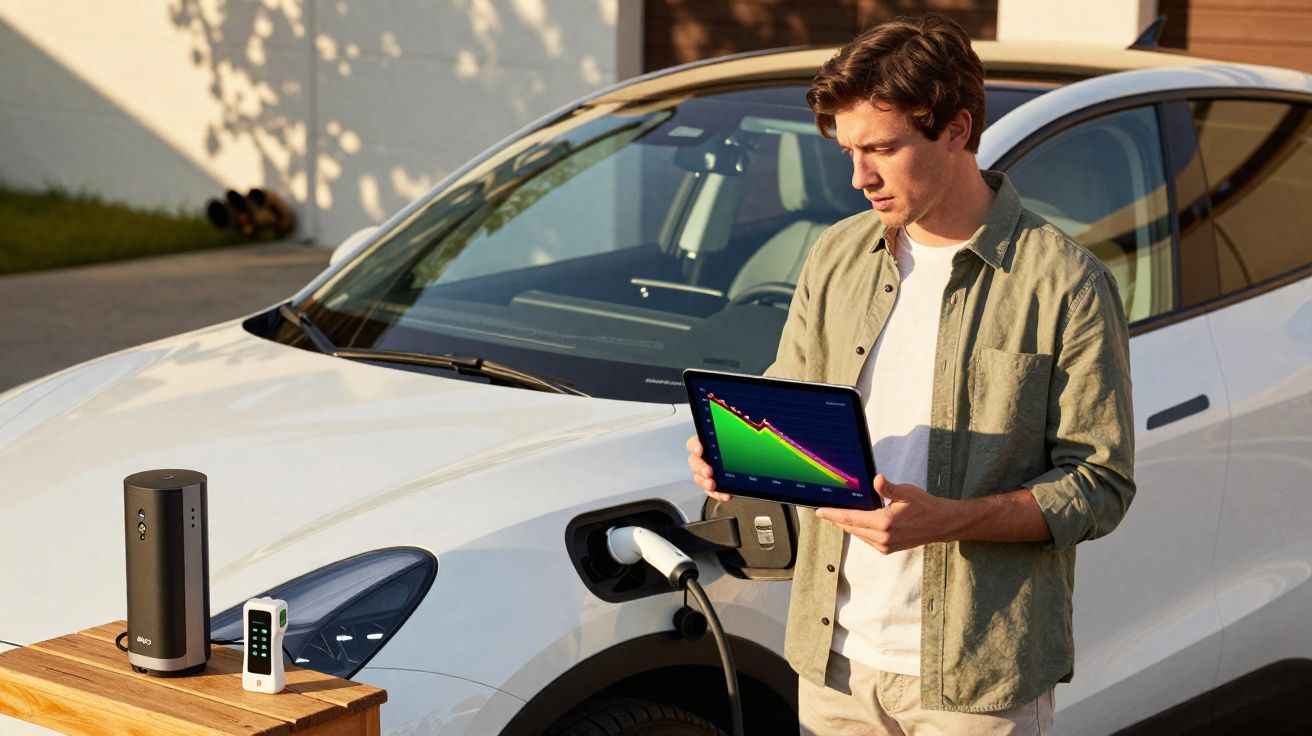 Homem a verificar gráfico num tablet junto a carro elétrico a ser carregado numa garagem.