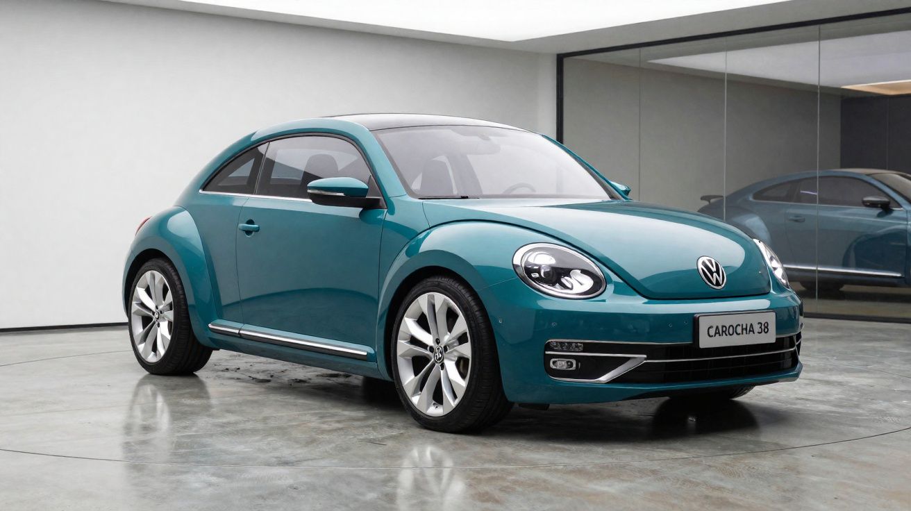 Carro Volkswagen Carocha 38 azul turquesa estacionado em garagem com paredes brancas e chão de cimento polished.