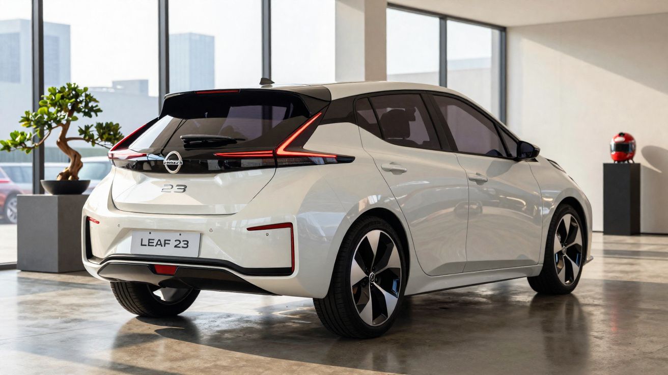 Automóvel elétrico Nissan Leaf 23 branco estacionado dentro de uma garagem moderna com luz natural.