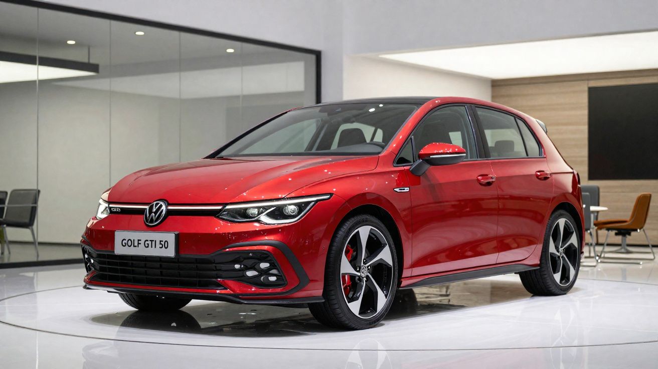 Carro Volkswagen Golf GTI 50 vermelho, visto de frente e lado, em espaço interior moderno.