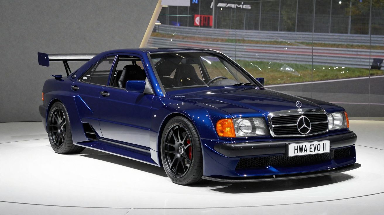 Carro desportivo Mercedes-Benz HWA EVO II azul com spoiler traseiro em exposição interior.