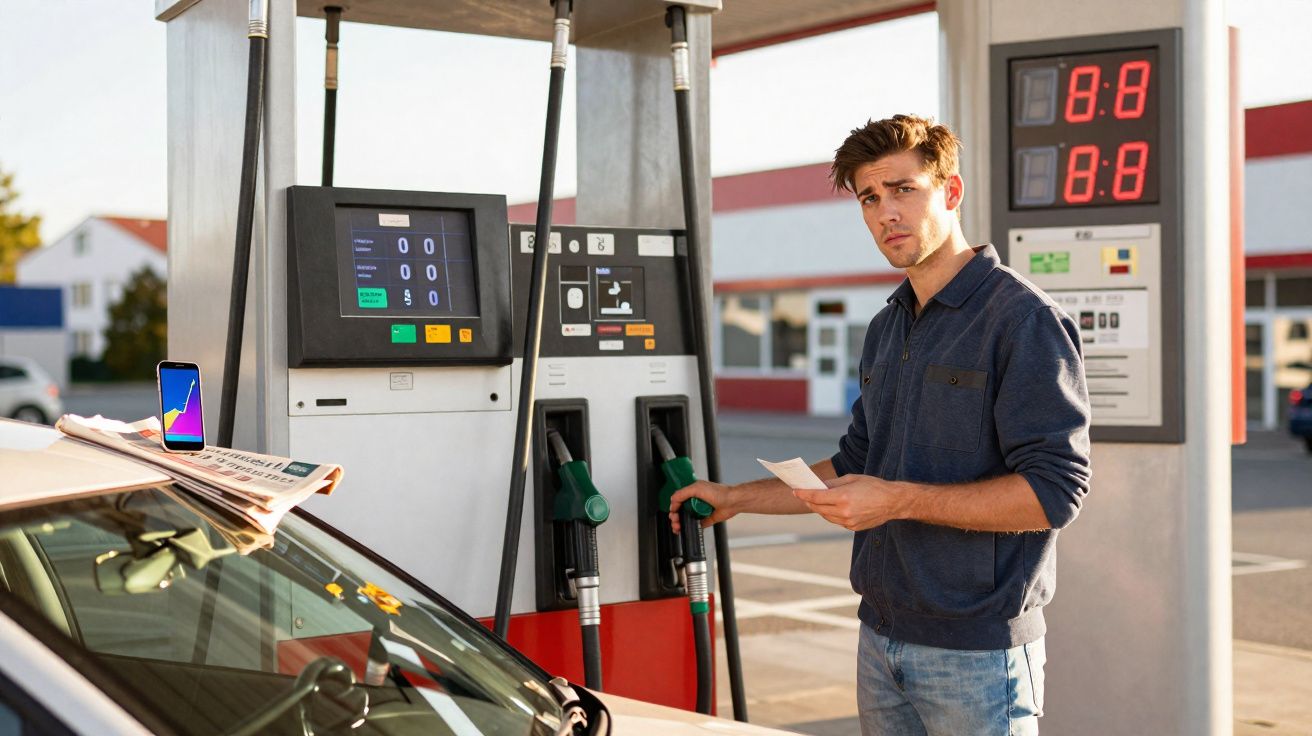 Homem numa bomba de gasolina a segurar um recibo e uma pistola de combustível junto a um carro.